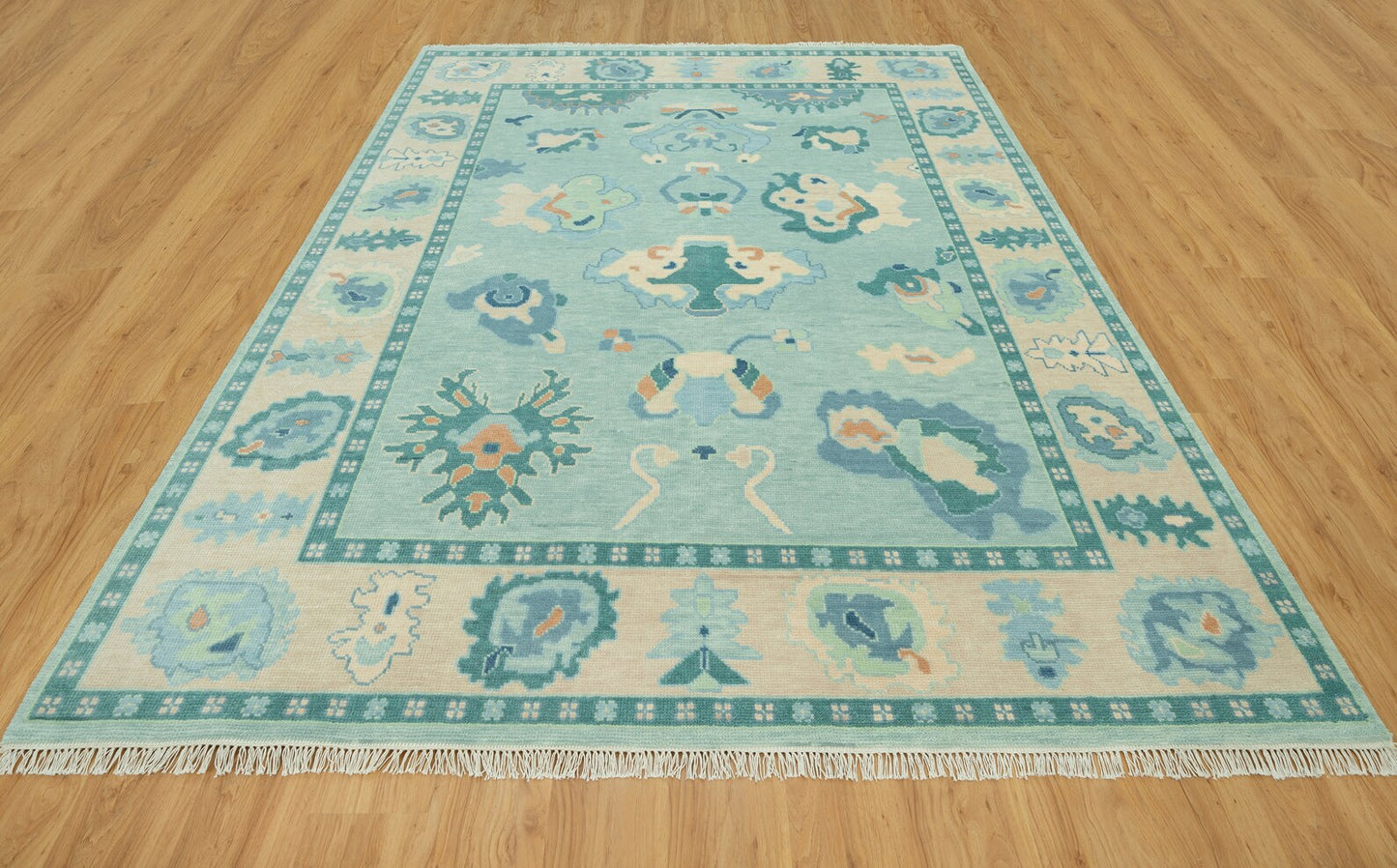 8'x10' Modern Oushak Rug Turquoise Blue Turkish Rug With Beige Border, Hand knotted Wool Aqua Rug For Nursery& Bedroom