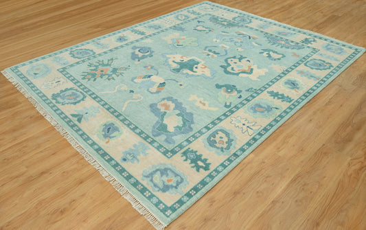 8'x10' Modern Oushak Rug Turquoise Blue Turkish Rug With Beige Border, Hand knotted Wool Aqua Rug For Nursery& Bedroom