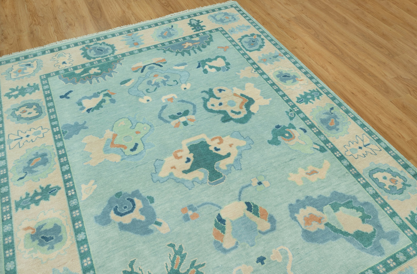 8'x10' Modern Oushak Rug Turquoise Blue Turkish Rug With Beige Border, Hand knotted Wool Aqua Rug For Nursery& Bedroom