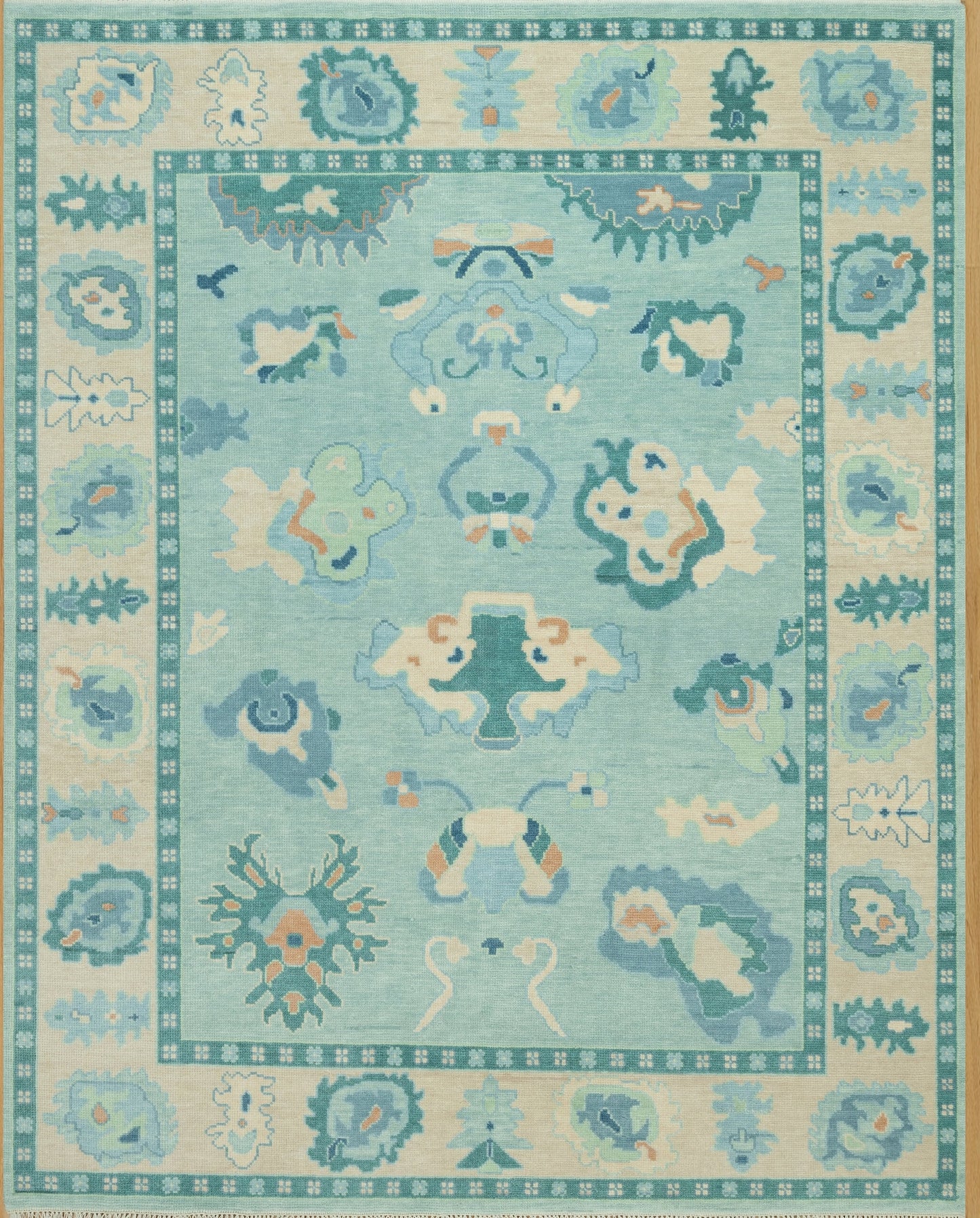 8'x10' Modern Oushak Rug Turquoise Blue Turkish Rug With Beige Border, Hand knotted Wool Aqua Rug For Nursery& Bedroom