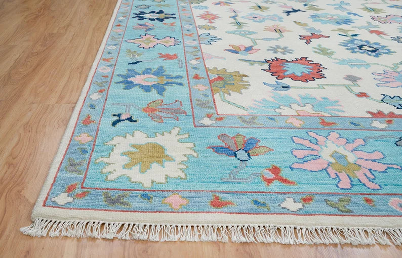 Neutral & Blue Oushak Rug, Colorful Rug, Ivory Area Rug, Handmade Turkish Rug, Red And Pink Accent Persian Rug: Aria Wool Rug