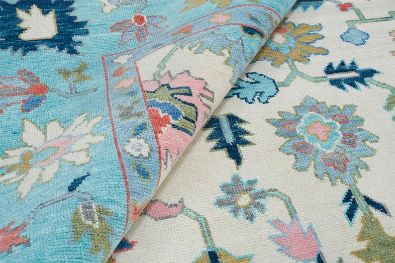 Neutral & Blue Oushak Rug, Colorful Rug, Ivory Area Rug, Handmade Turkish Rug, Red And Pink Accent Persian Rug: Aria Wool Rug