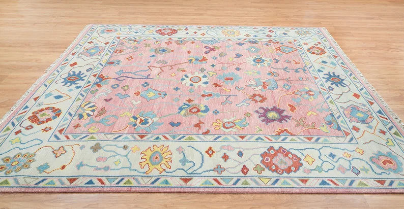 6x9 Ivory And Pink Rug, Modern Oushak Turkish Rug, Colorful Area Rug With White Border For Valentine's: A Pink Dream Wool Rug