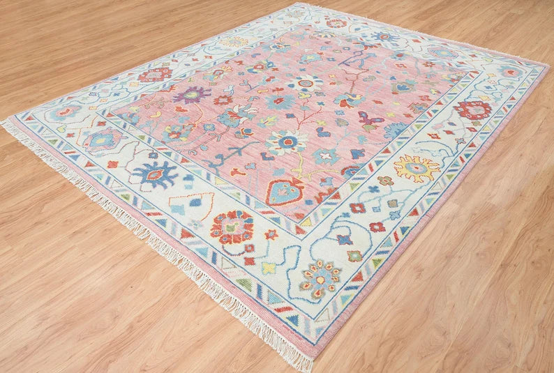 6x9 Ivory And Pink Rug, Modern Oushak Turkish Rug, Colorful Area Rug With White Border For Valentine's: A Pink Dream Wool Rug