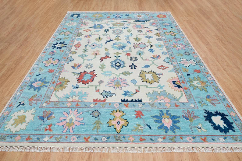 Neutral & Blue Oushak Rug, Colorful Rug, Ivory Area Rug, Handmade Turkish Rug, Red And Pink Accent Persian Rug: Aria Wool Rug