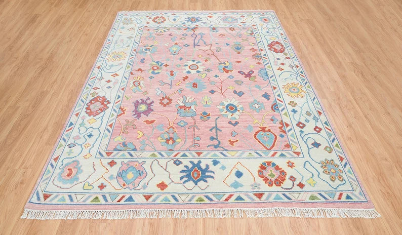 6x9 Ivory And Pink Rug, Modern Oushak Turkish Rug, Colorful Area Rug With White Border For Valentine's: A Pink Dream Wool Rug