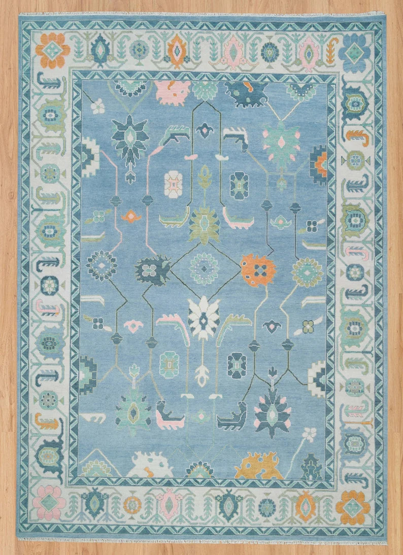 9X12 Handmade Frost Blue with ivory Oushak Rug | Orange Accent Turkish rug | Hand-knotted Contemporary Area Rug