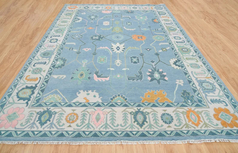 9X12 Handmade Frost Blue with ivory Oushak Rug | Orange Accent Turkish rug | Hand-knotted Contemporary Area Rug