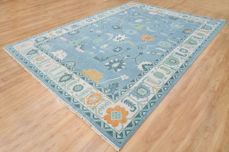 9X12 Handmade Frost Blue with ivory Oushak Rug | Orange Accent Turkish rug | Hand-knotted Contemporary Area Rug