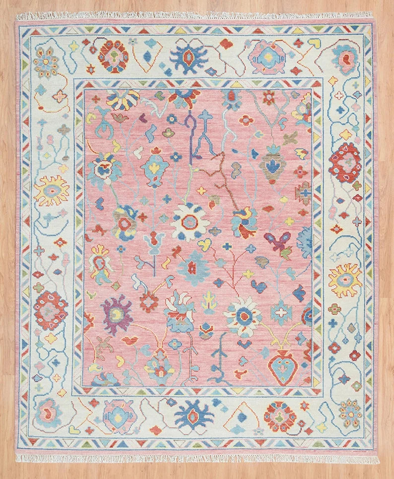 6x9 Ivory And Pink Rug, Modern Oushak Turkish Rug, Colorful Area Rug With White Border For Valentine's: A Pink Dream Wool Rug