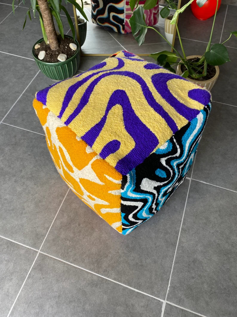 Psychedelic Tufted Ottoman Pouf Cover (Unstuffed) / Moroccan Pouf / Bohemian / Chaotic Lsd Tufted Rug Pouf / %100 Handmade