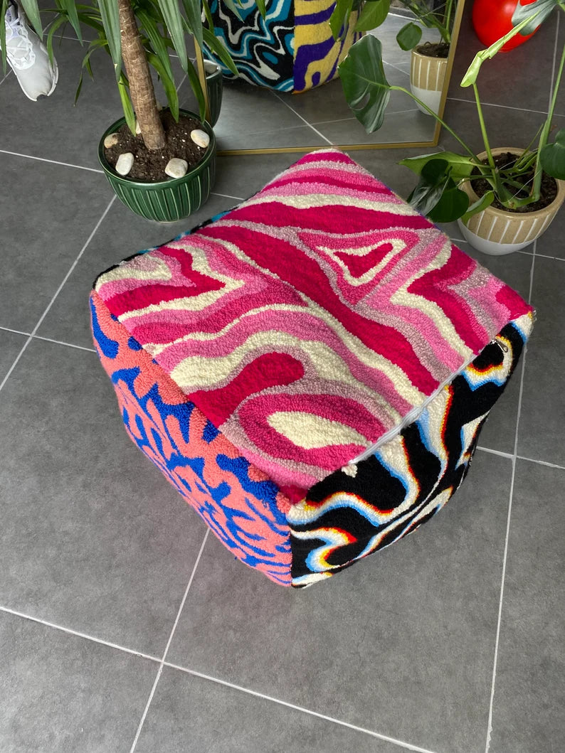 Psychedelic Tufted Ottoman Pouf Cover (Unstuffed) / Moroccan Pouf / Bohemian / Chaotic Lsd Tufted Rug Pouf / %100 Handmade