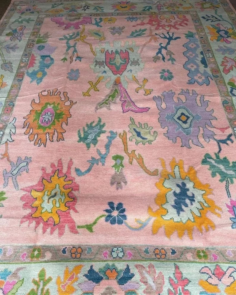 Hand Knotted Pink Oushak Rug for Living Room , Dining Room , Office ,Bedroom ,Hand Knotted Wool Area Rug,9x12,10x14,Modern Oushak Rug