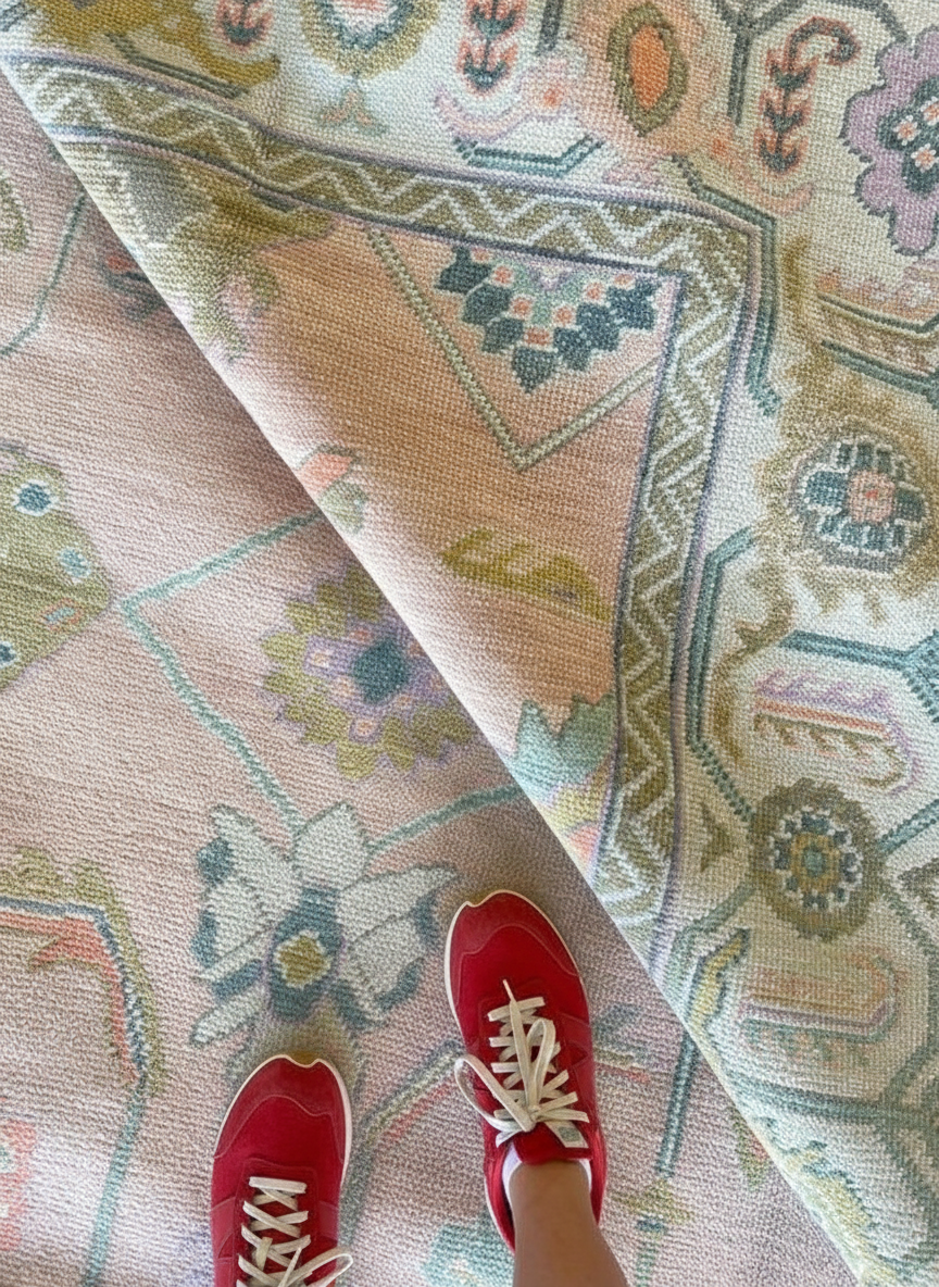 Blush Pink & Sage Green Hand-Knotted Turkish Oushak Rug | Pastel Floral Wool Area Rug for Living Room