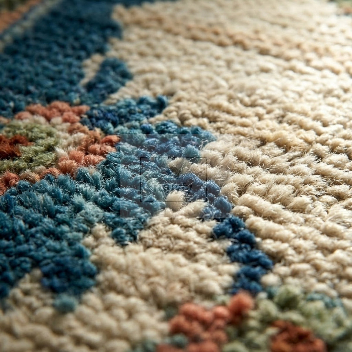 Close-up of ivory and teal blue Sultanabad Oushak rug showing hand-knotted New Zealand wool pile with coral and green motifs - RUGYFY