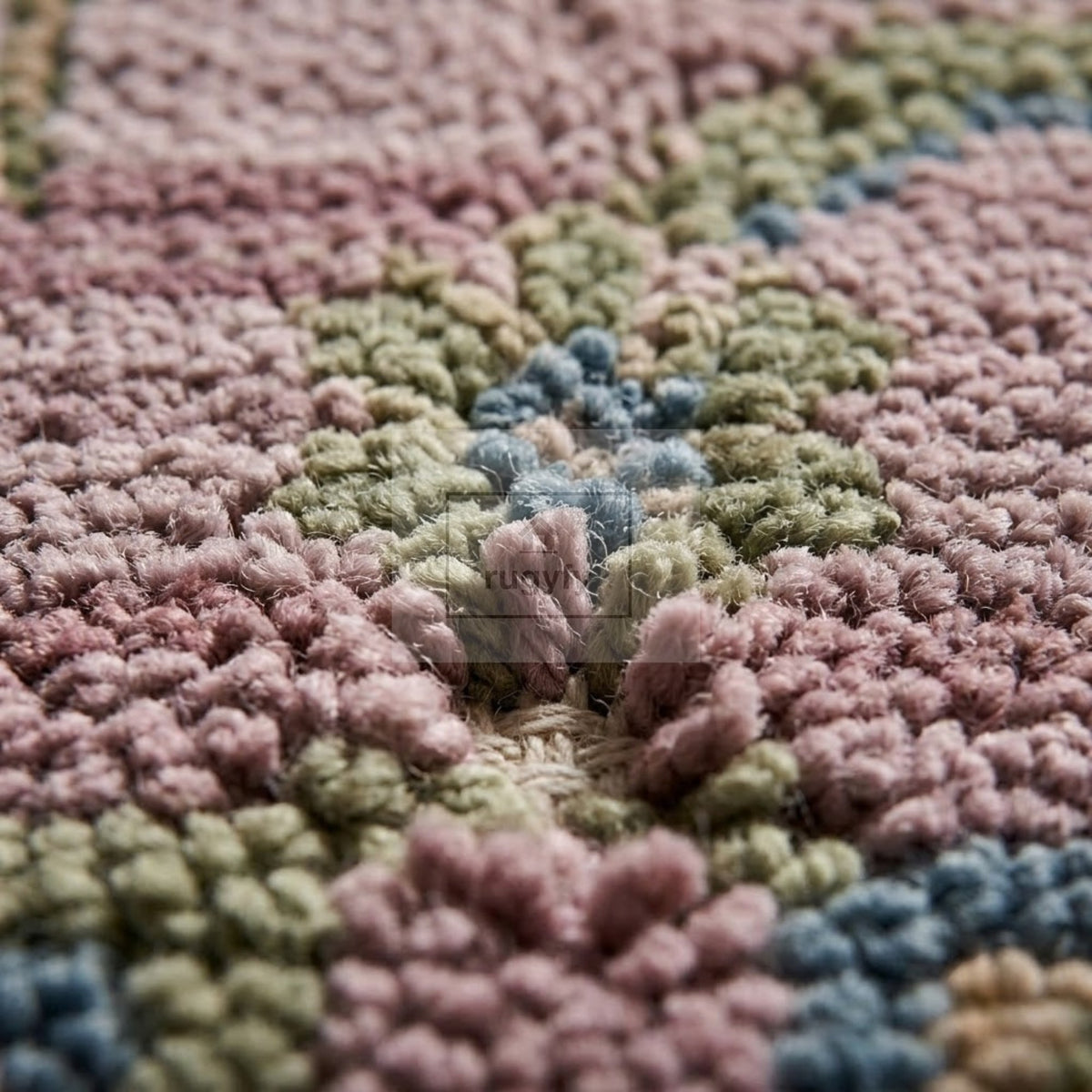 Close-up of lavender and sage green Sultanabad Oushak rug showing dense hand-knotted New Zealand wool pile in lilac, olive and slate blue - RUGYFY