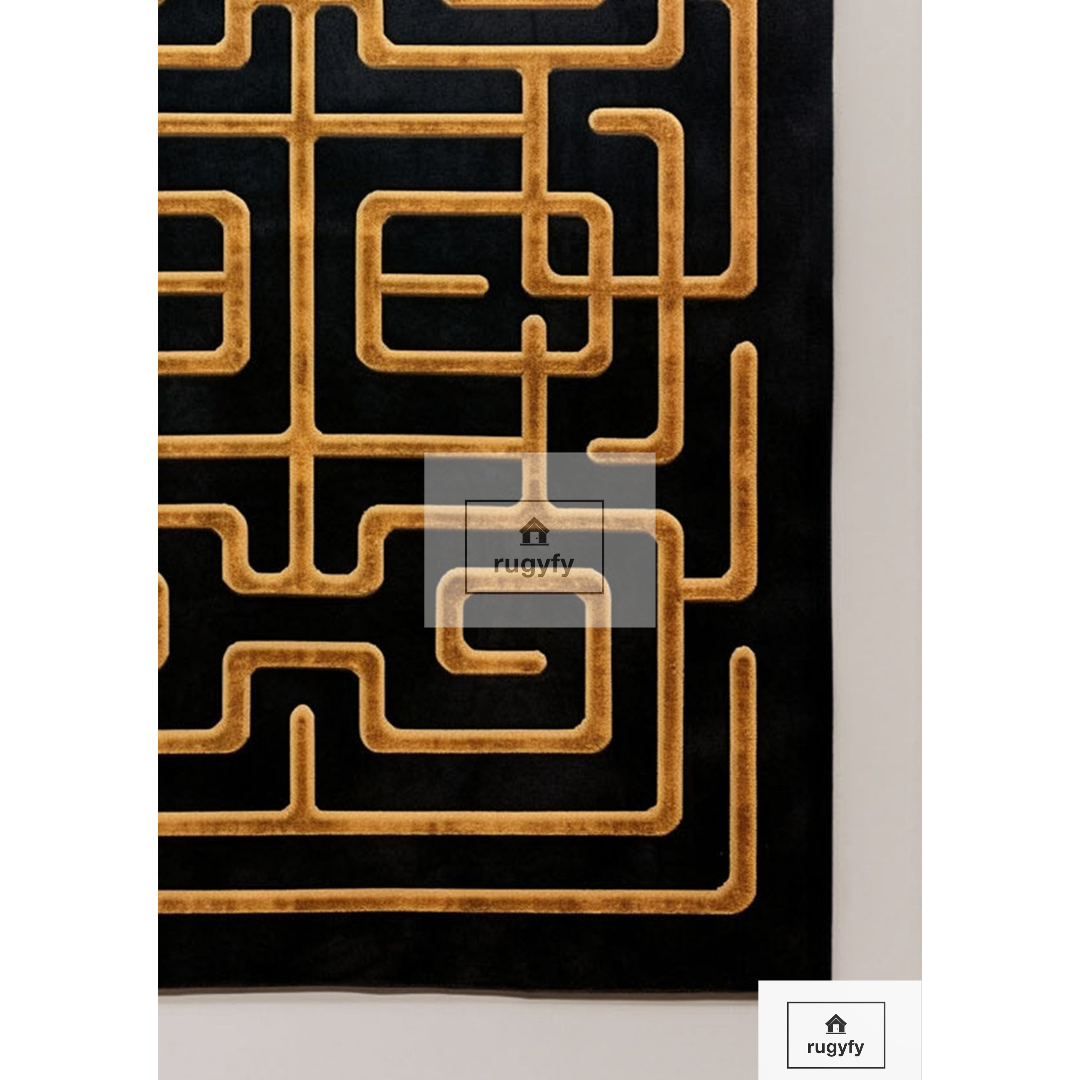 Modern Abstract Black And Gold Colour 100% Viscose Handmade Area Rug for Home, Office, Living Room, 4*6, 5*8, 6*9, 8*10, 9*12 ft