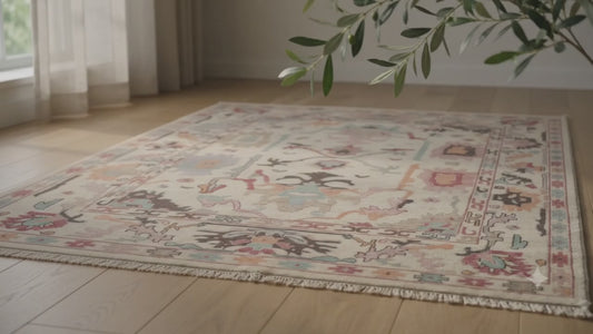 Ivory & Blush Hand-Knotted Wool Rug | Pastel Oushak Botanical Area Rug for Living Room