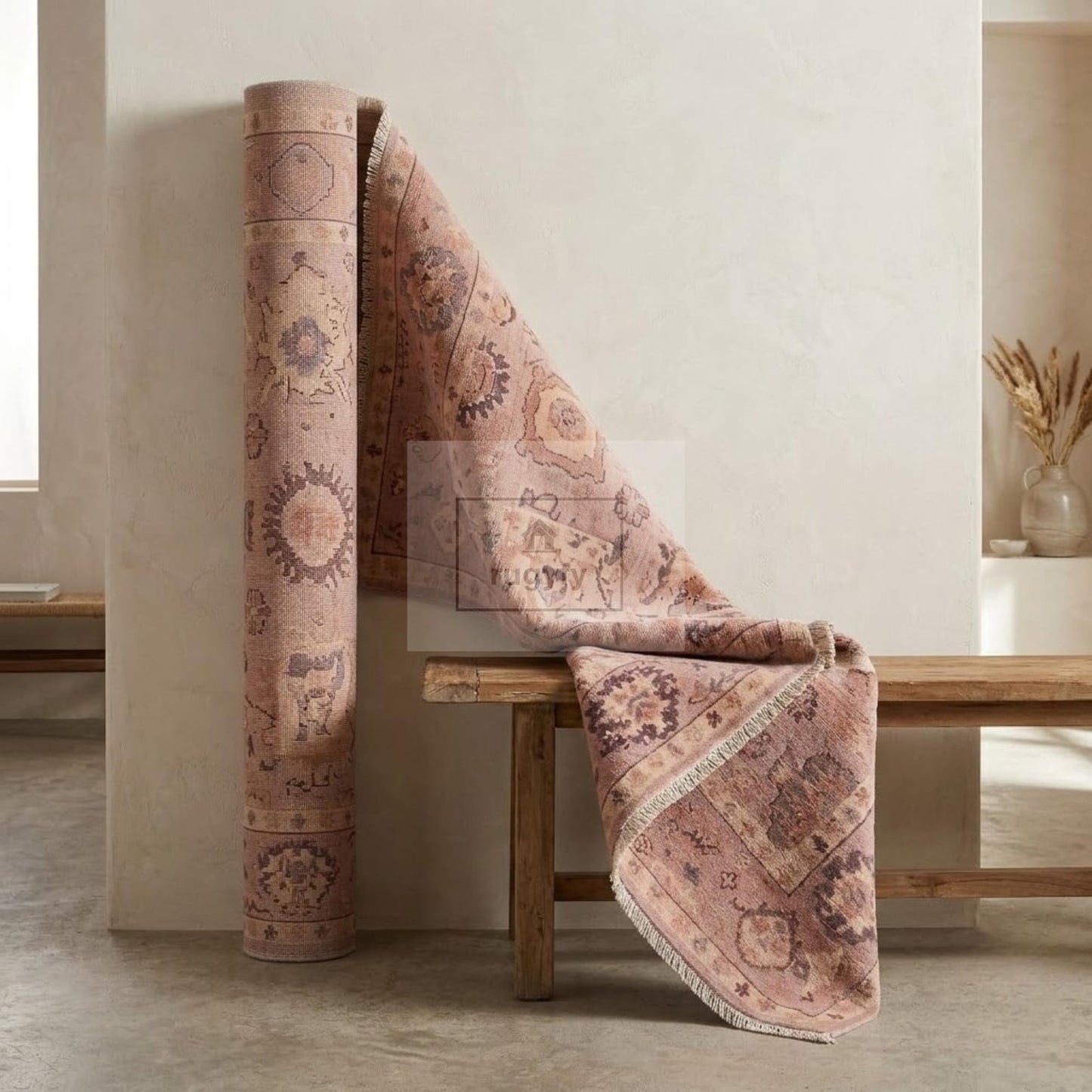 Faded Dusty Rose Oushak Rug | Hand-Knotted Wool Antique-Look Area Rug with Plum & Apricot