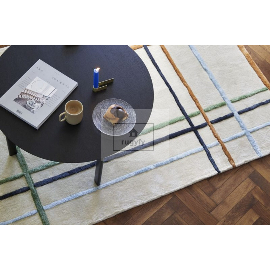 Sand Beige Mid-Century Modern Line Rug | 5x8 8x10 ft Hand-Tufted Wool | Minimalist Living Room Rug