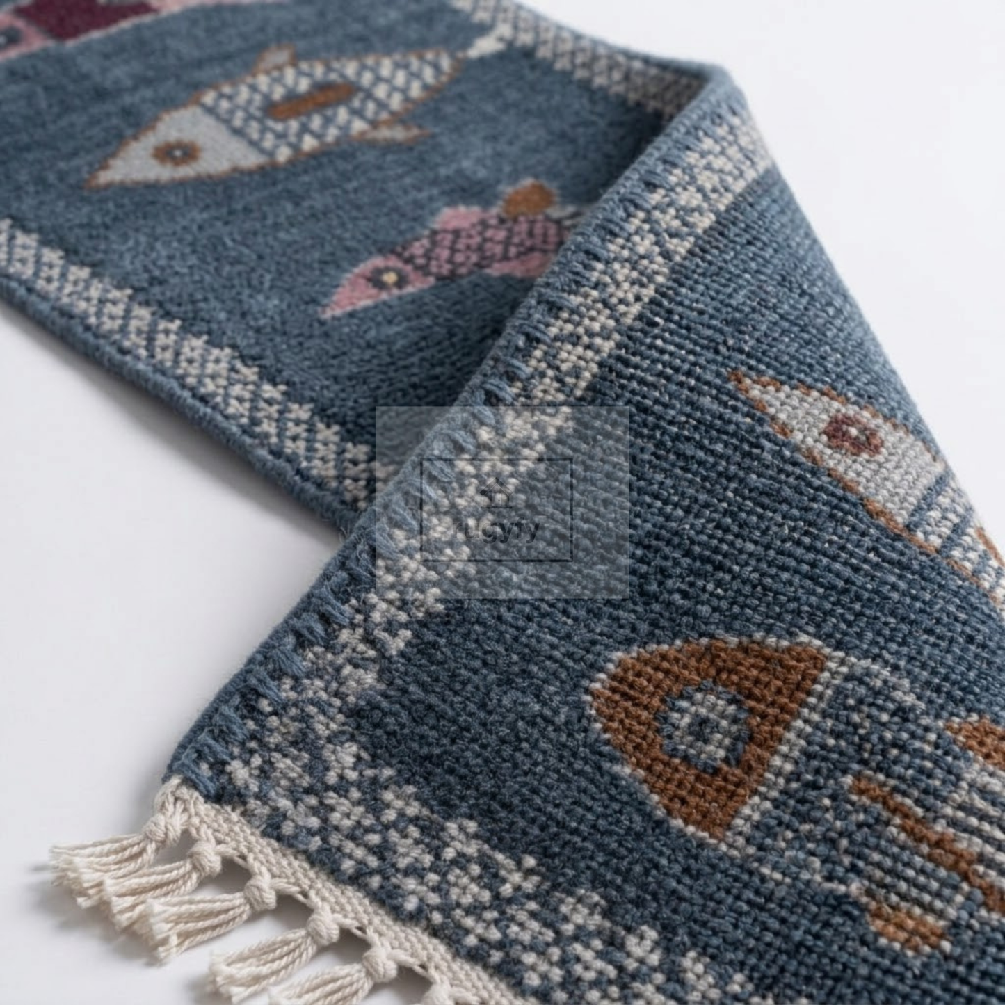 Denim Blue Fish Motif Hand-Knotted Wool Rug | Coastal Pictorial Runner for Kitchen &amp; Entryway
