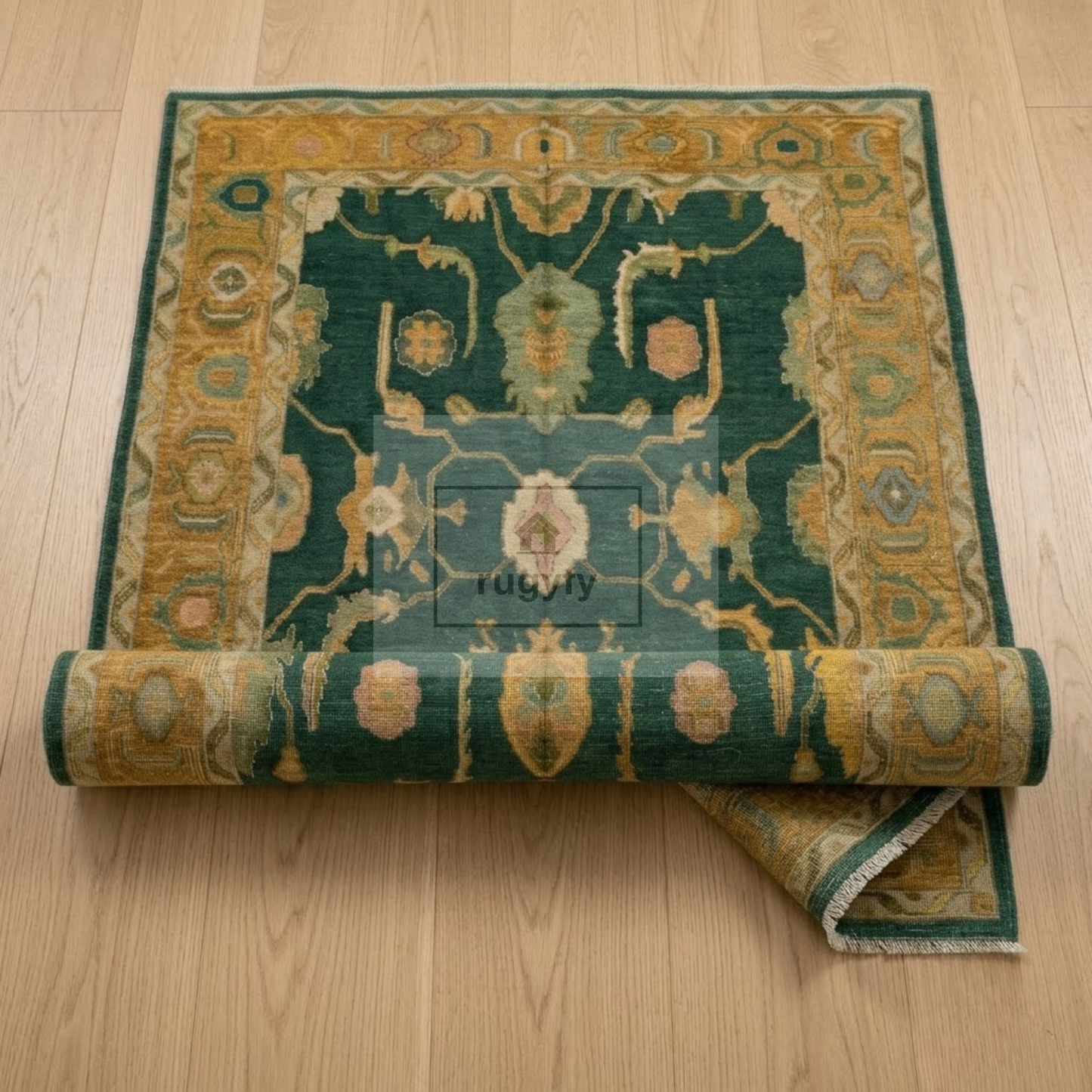 Forest Green & Gold Vintage Hand-Knotted Wool Oushak Rug | Abrash Anatolian Area Rug for Living Room