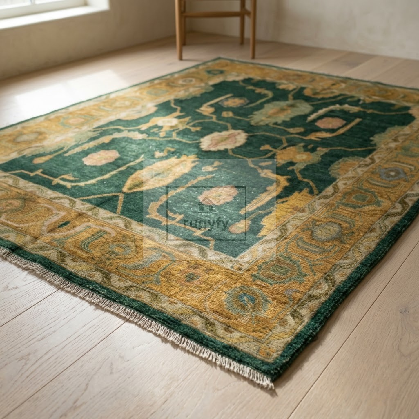 Forest Green & Gold Vintage Hand-Knotted Wool Oushak Rug | Abrash Anatolian Area Rug for Living Room
