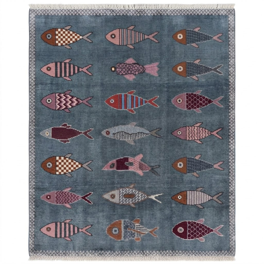 Denim Blue Fish Motif Hand-Knotted Wool Rug | Coastal Pictorial Runner for Kitchen &amp; Entryway