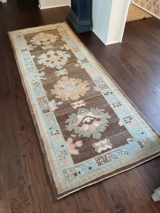 Mocha &amp; Ice Blue Hand-Knotted Wool Oushak Rug | Multi-Colour Floral Anatolian Area Rug for Bedroom