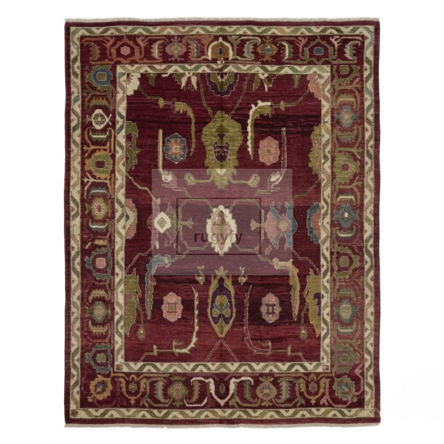 Burgundy & Ivory Hand-Knotted Wool Oushak Rug | Sultanabad Botanical Anatolian Area Rug