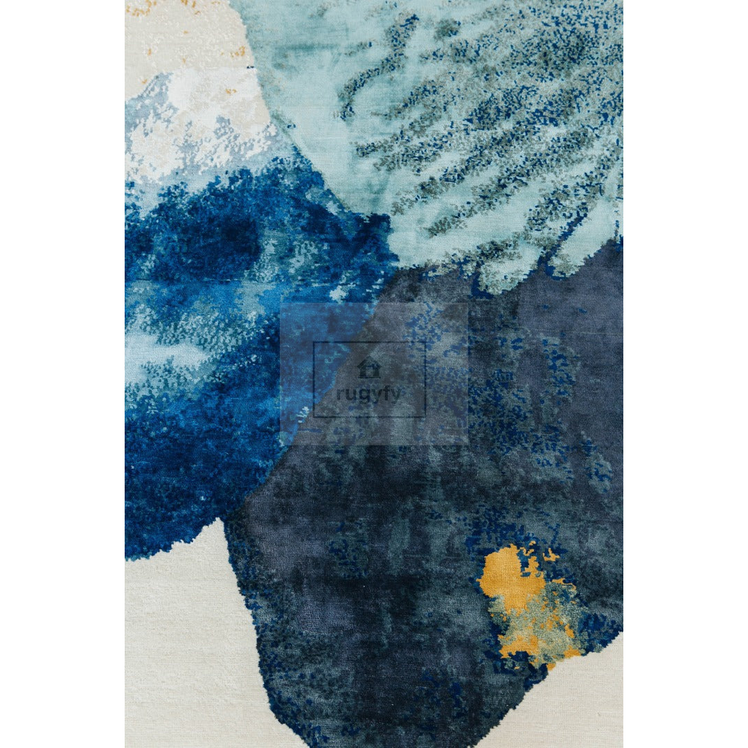 Navy Blue Watercolor Abstract Rug | 8x10 9x12 ft Hand-Tufted Wool | Modern Living Room Area Rug