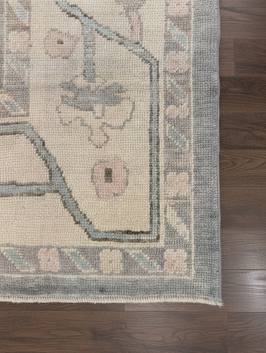 Greige &amp; Blue Hand-Knotted Wool Oushak Rug | Floral Anatolian Area Rug for Living Room