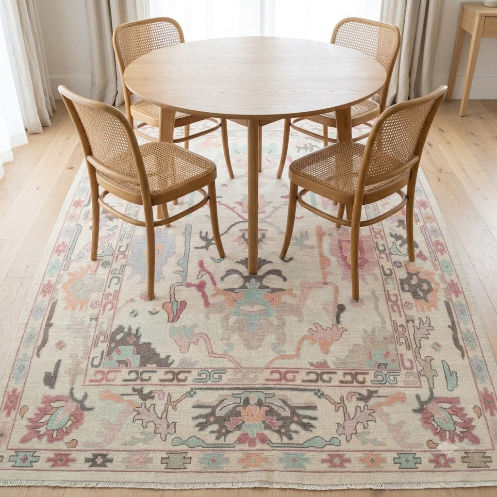 Ivory & Blush Hand-Knotted Wool Rug | Pastel Oushak Botanical Area Rug for Living Room