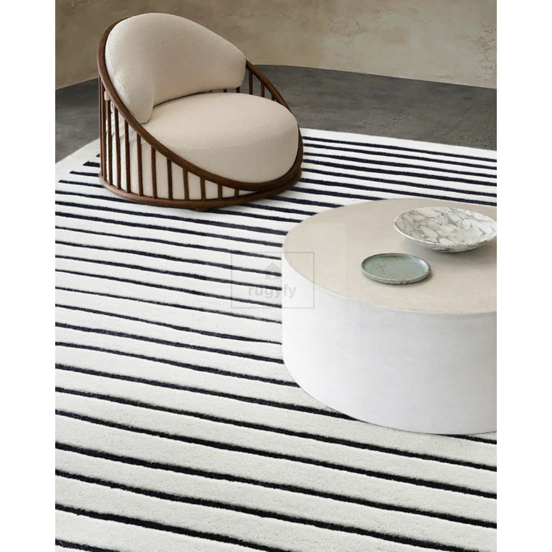 Black & Ivory Striped Modern Rug | 8x10 9x12 ft Hand-Tufted Wool | Contemporary Living Room Area Rug