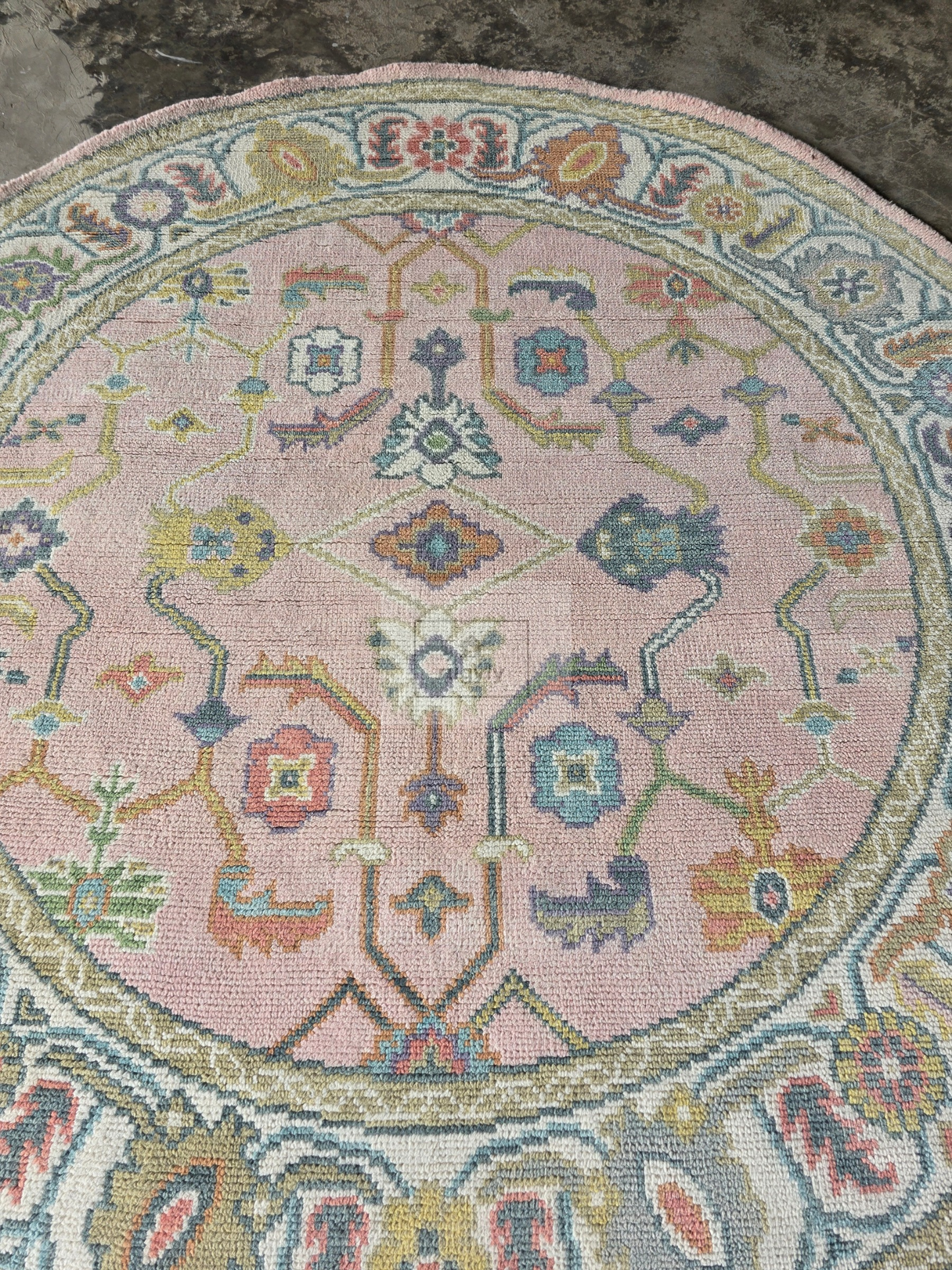 Blush &amp; Teal Hand-Knotted Wool Oushak Rug | Floral Medallion Anatolian Area Rug for Living Room