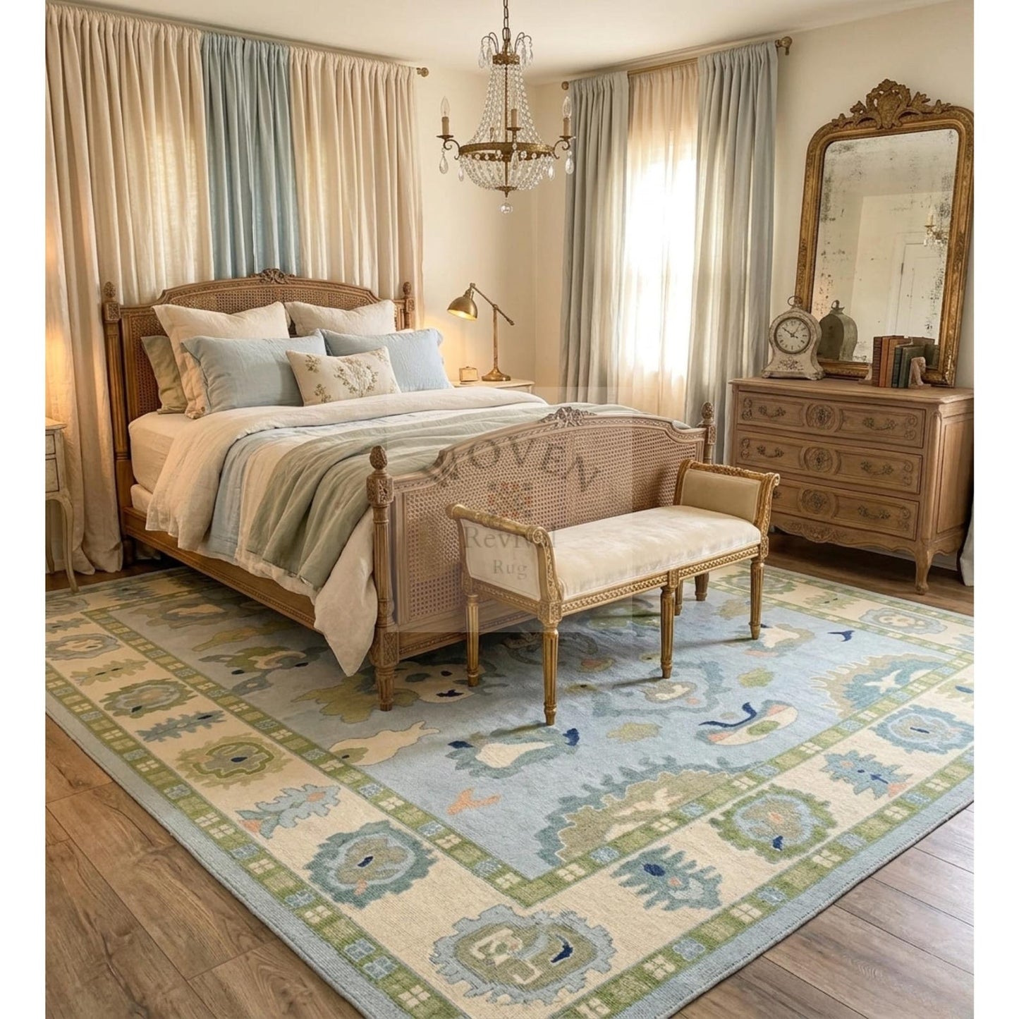 Powder Blue & Sage Green Hand-Knotted Wool Rug | Suzani Floral Oushak Area Rug for Living Room
