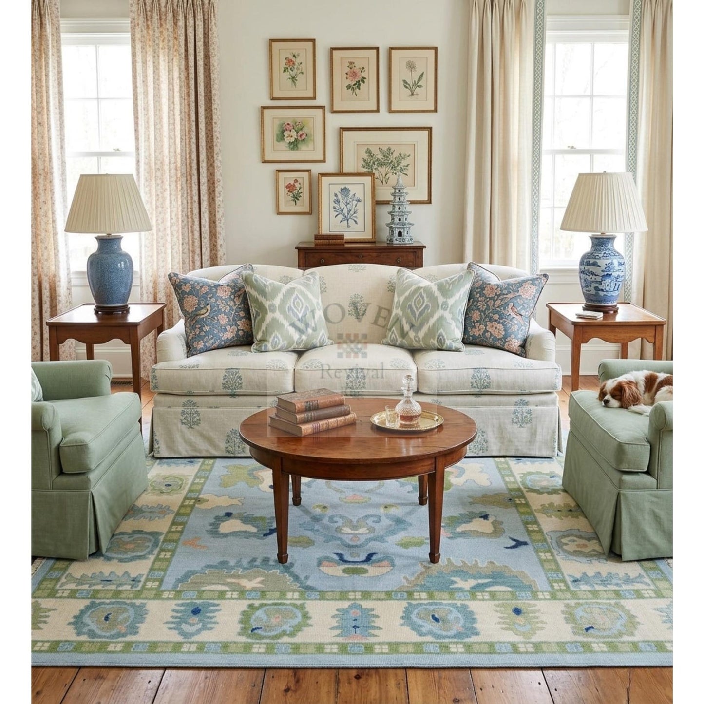 Powder Blue & Sage Green Hand-Knotted Wool Rug | Suzani Floral Oushak Area Rug for Living Room
