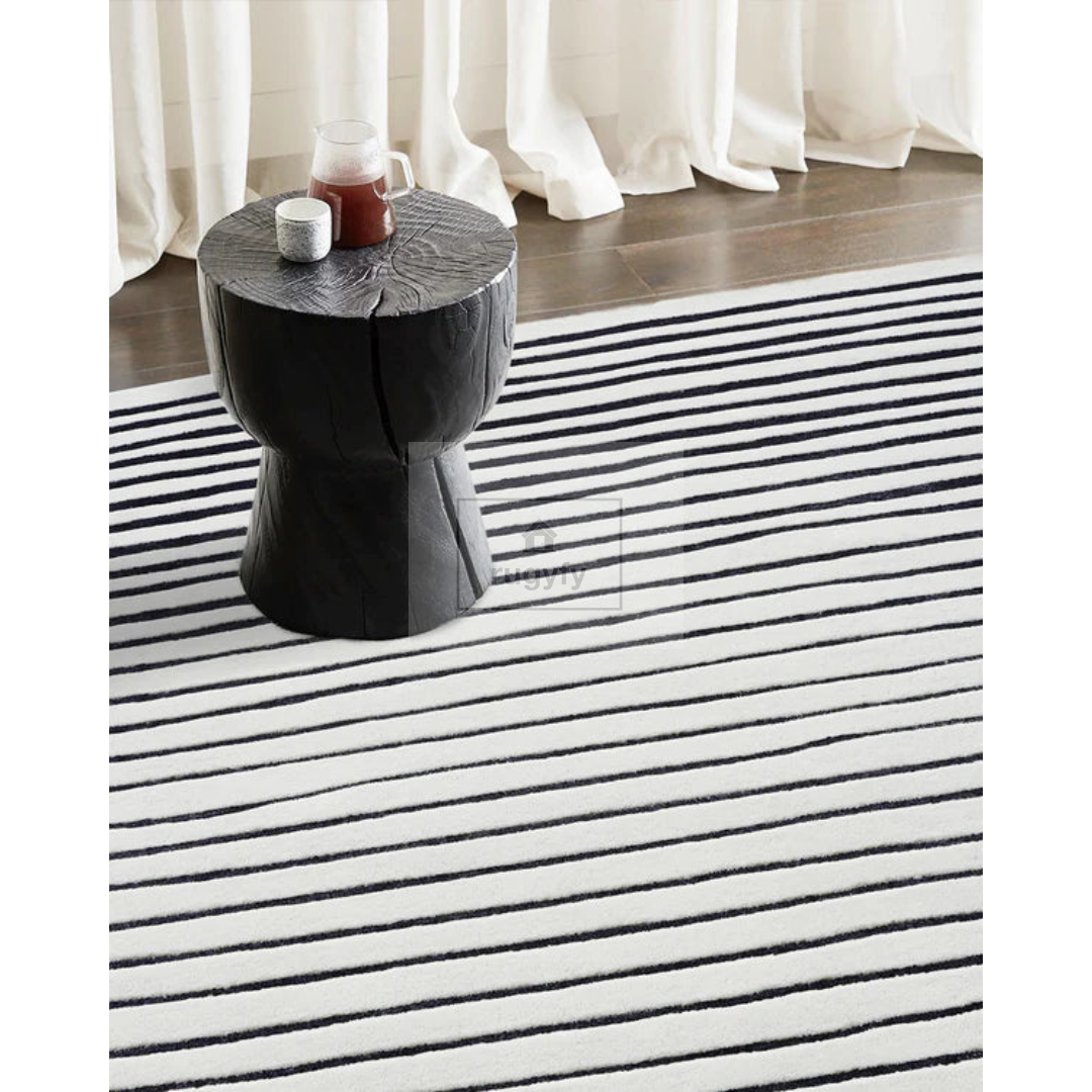 Black & Ivory Striped Modern Rug | 8x10 9x12 ft Hand-Tufted Wool | Contemporary Living Room Area Rug