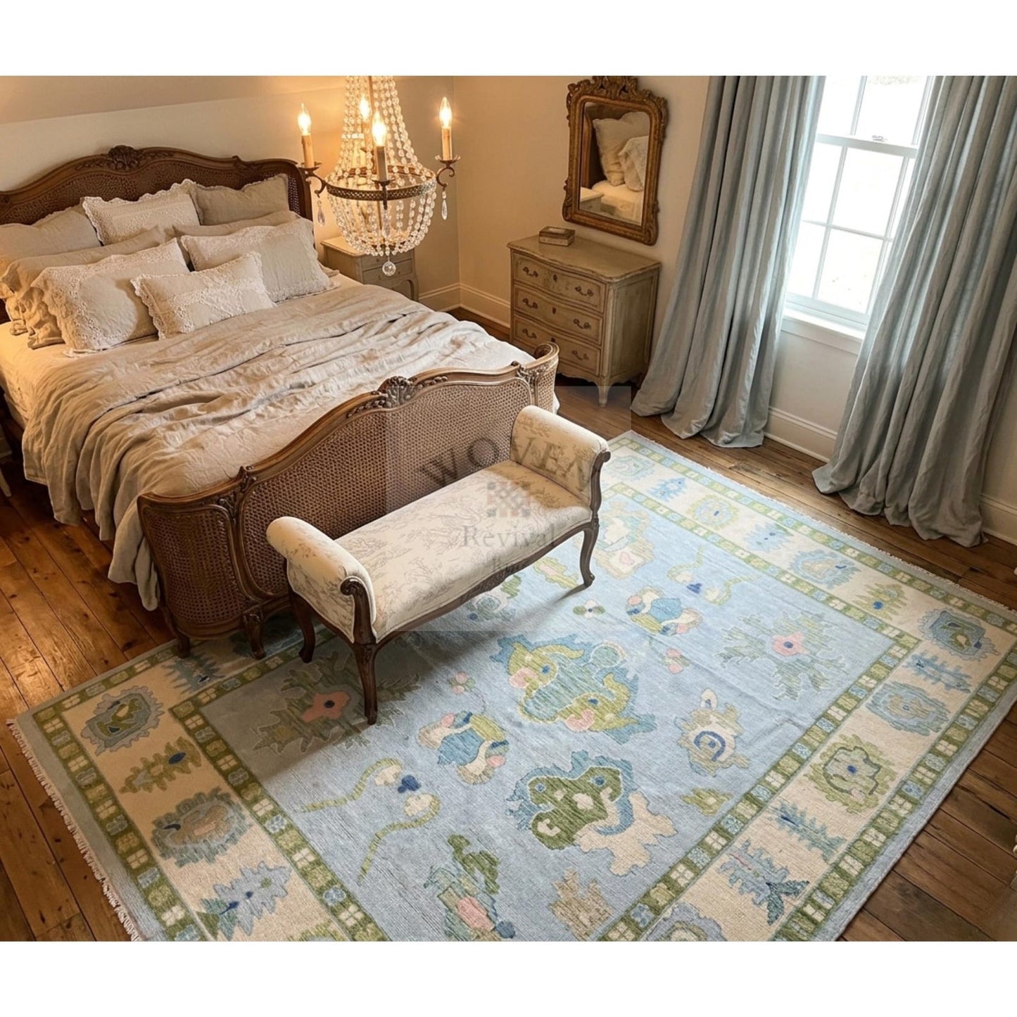 Powder Blue & Sage Green Hand-Knotted Wool Rug | Suzani Floral Oushak Area Rug for Living Room