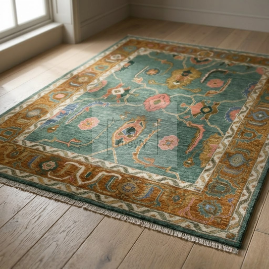 Teal & Amber Hand-Knotted Wool Oushak Rug | Scattered Floral Anatolian Area Rug for Living Room