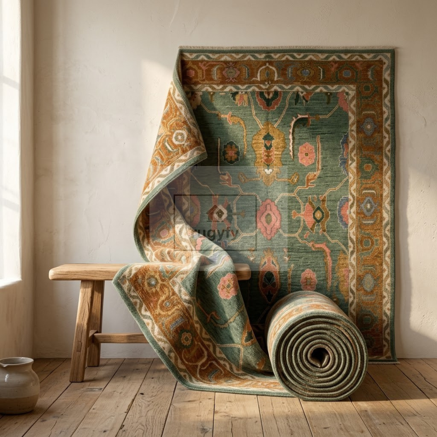 Teal & Amber Hand-Knotted Wool Oushak Rug | Scattered Floral Anatolian Area Rug for Living Room