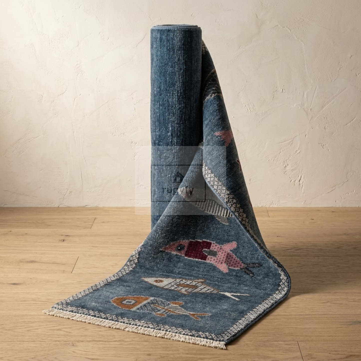 Denim Blue Fish Motif Hand-Knotted Wool Rug | Coastal Pictorial Runner for Kitchen &amp; Entryway