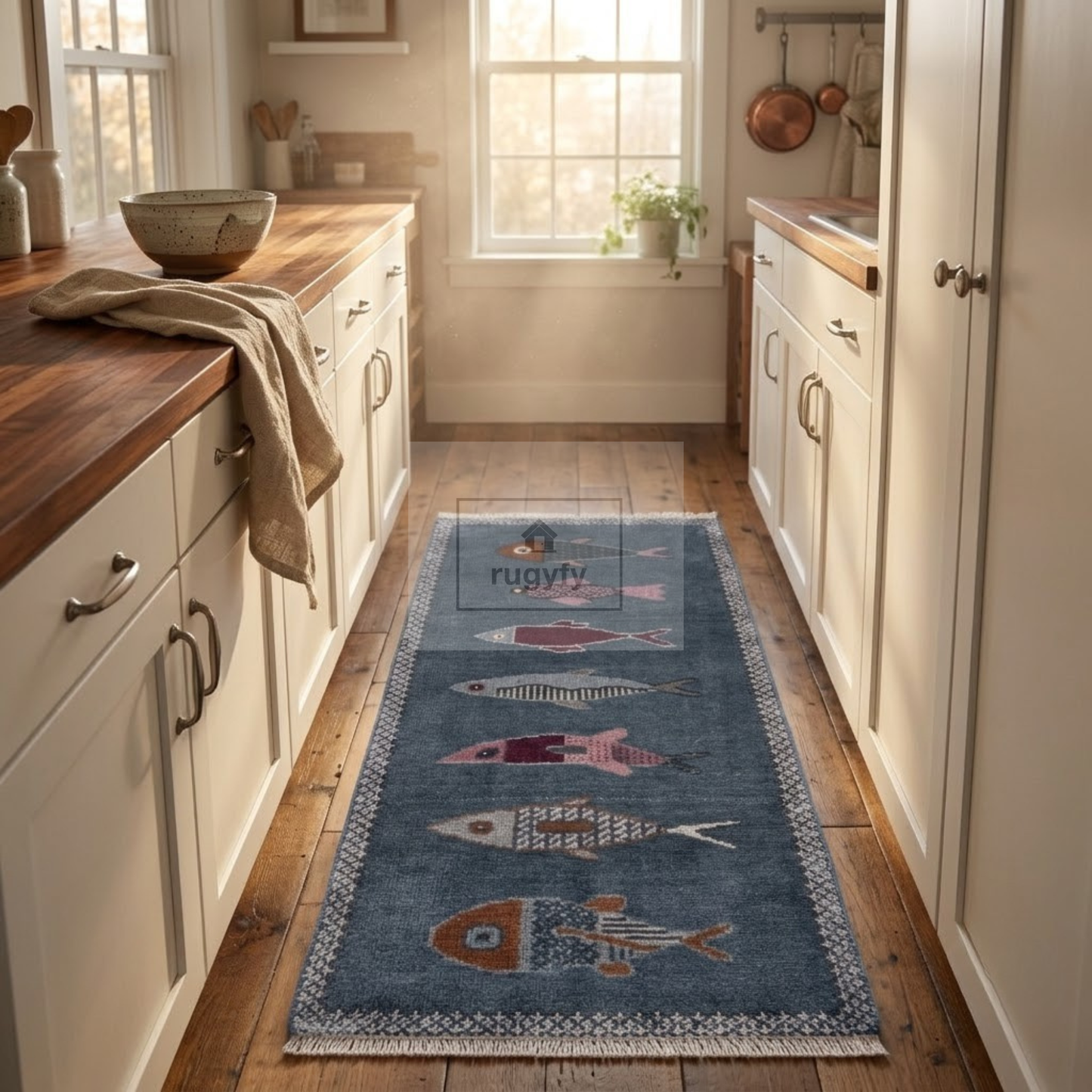 Denim Blue Fish Motif Hand-Knotted Wool Rug | Coastal Pictorial Runner for Kitchen &amp; Entryway