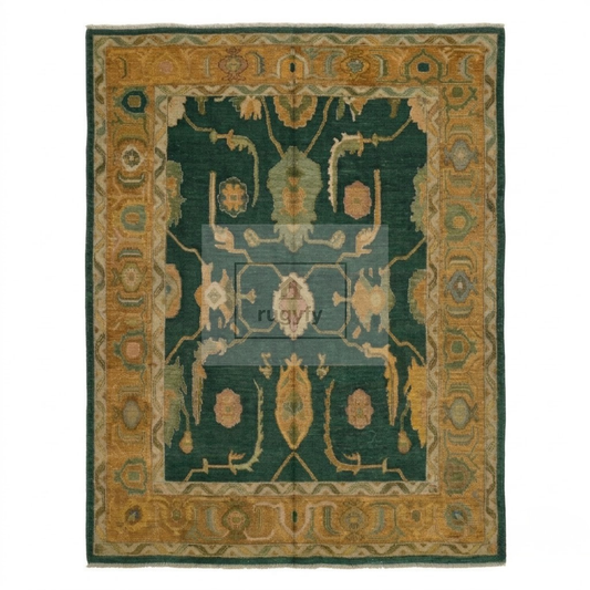 Forest Green & Gold Vintage Hand-Knotted Wool Oushak Rug | Abrash Anatolian Area Rug for Living Room