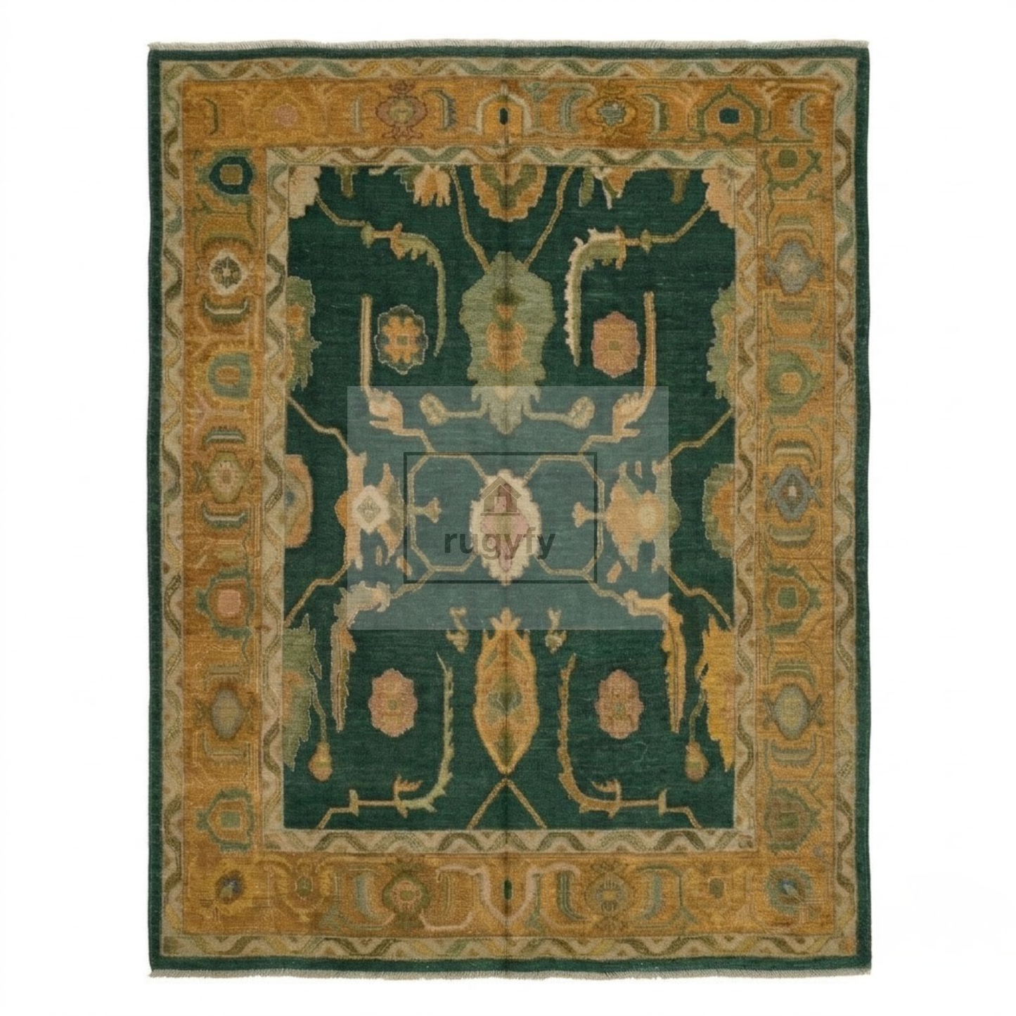 Forest Green & Gold Vintage Hand-Knotted Wool Oushak Rug | Abrash Anatolian Area Rug for Living Room