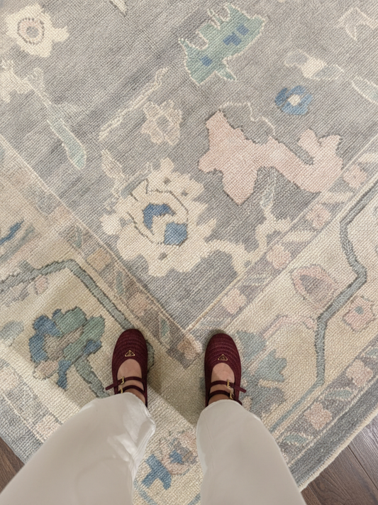 Greige &amp; Blue Hand-Knotted Wool Oushak Rug | Floral Anatolian Area Rug for Living Room
