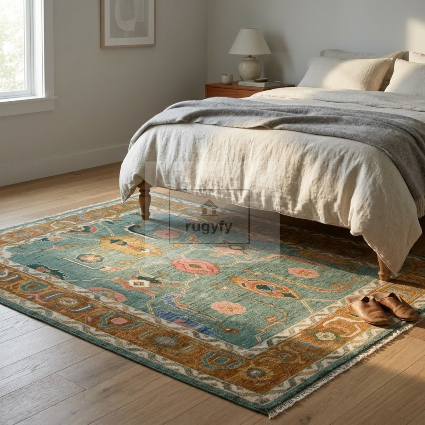 Teal & Amber Hand-Knotted Wool Oushak Rug | Scattered Floral Anatolian Area Rug for Living Room