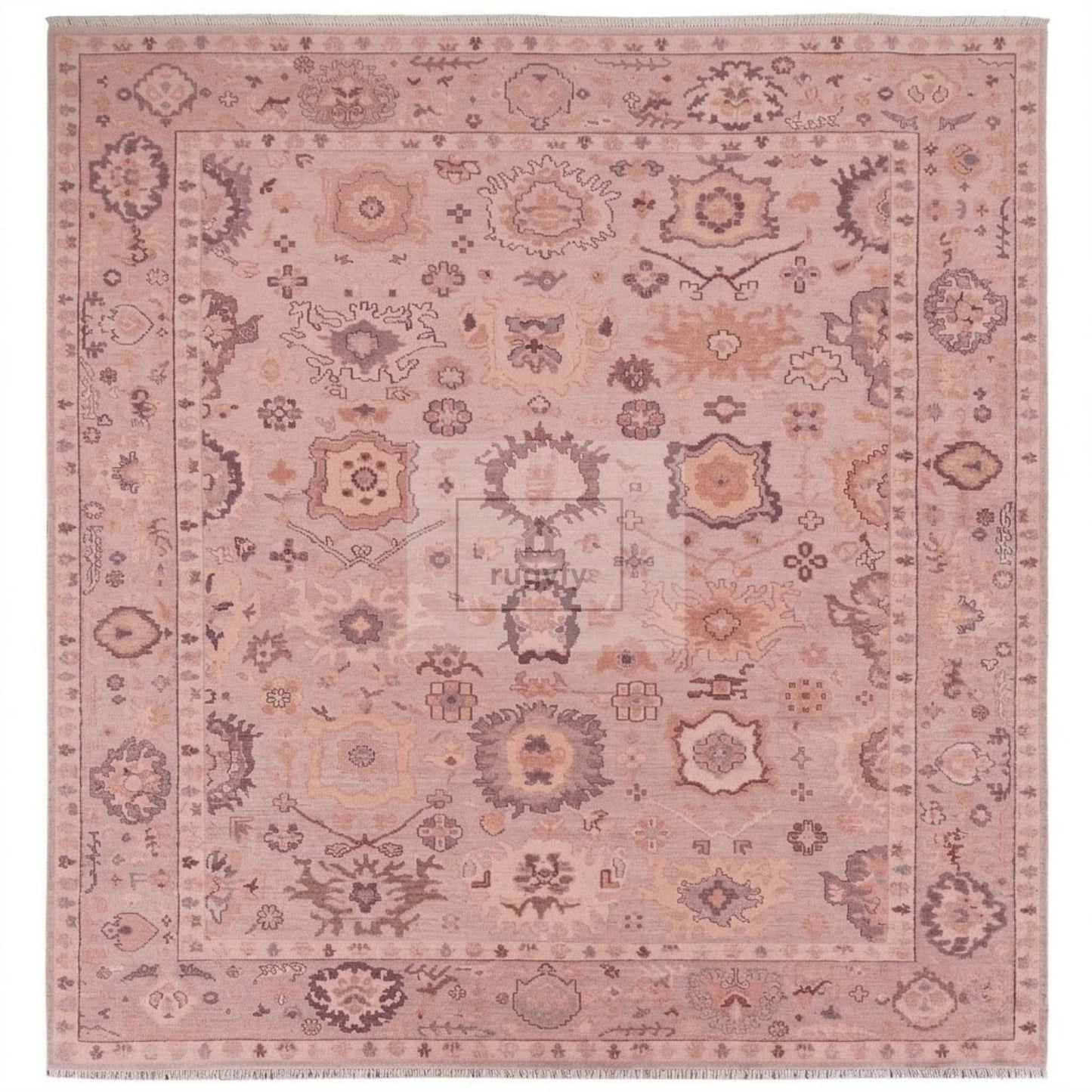 Faded Dusty Rose Oushak Rug | Hand-Knotted Wool Antique-Look Area Rug with Plum & Apricot