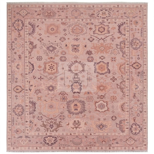 Faded Dusty Rose Oushak Rug | Hand-Knotted Wool Antique-Look Area Rug with Plum & Apricot