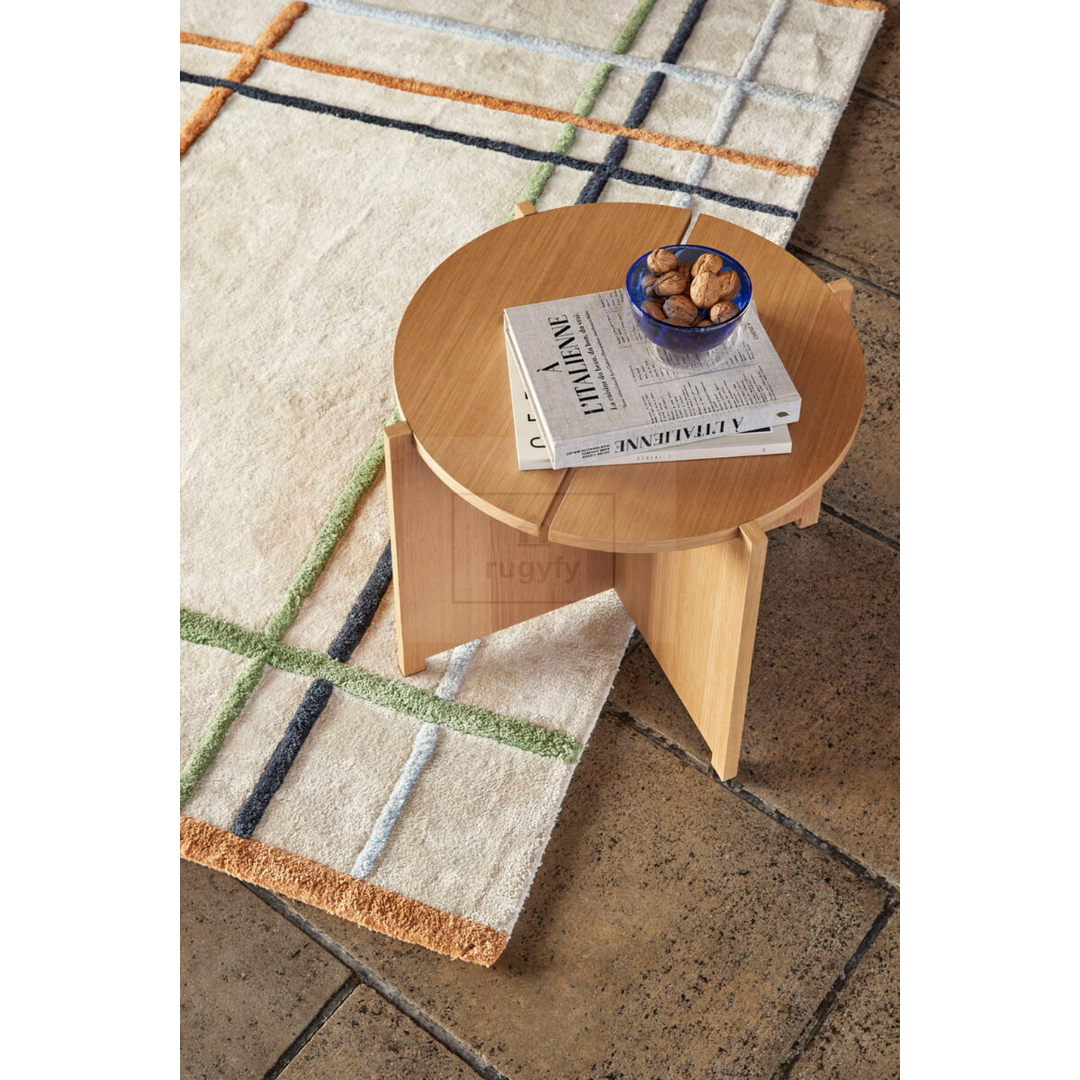 Sand Beige Mid-Century Modern Line Rug | 5x8 8x10 ft Hand-Tufted Wool | Minimalist Living Room Rug